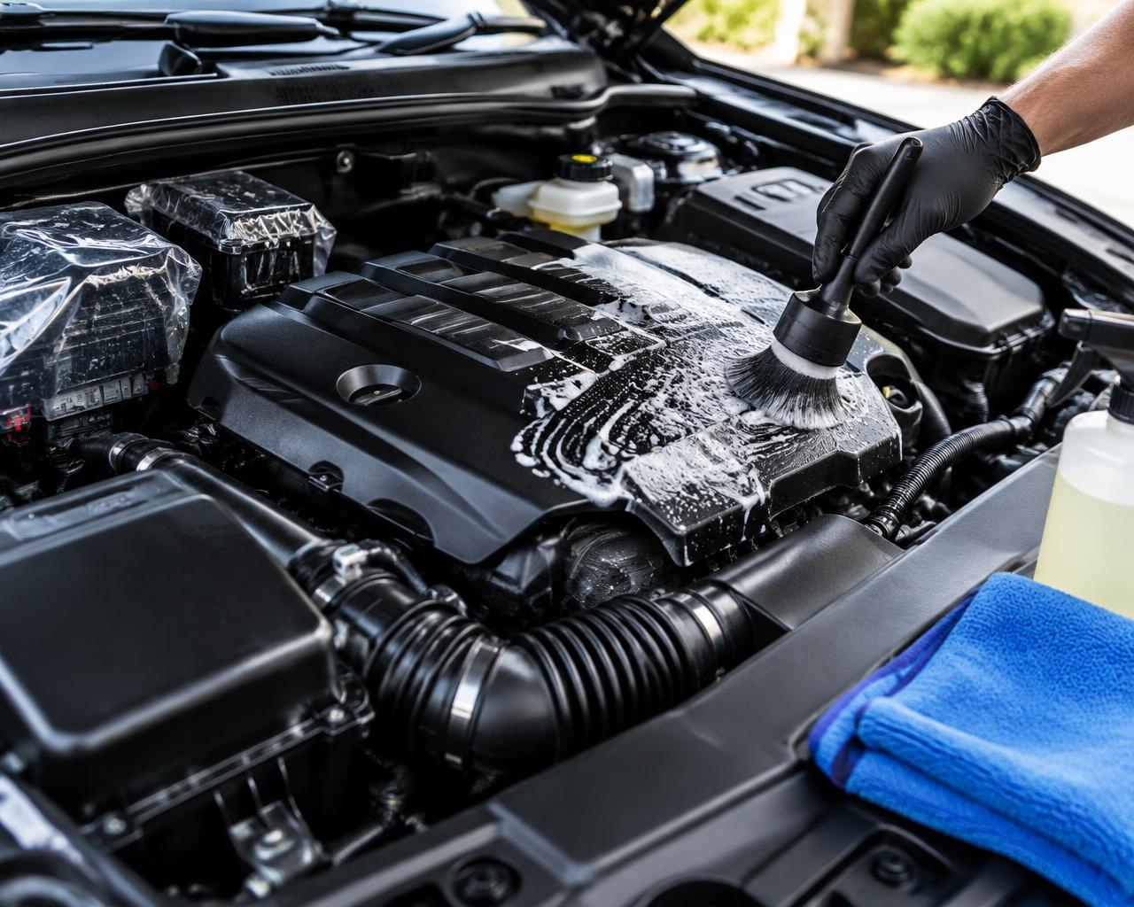 Detailer agitating degreaser foam on a car engine bay during an engine detail
