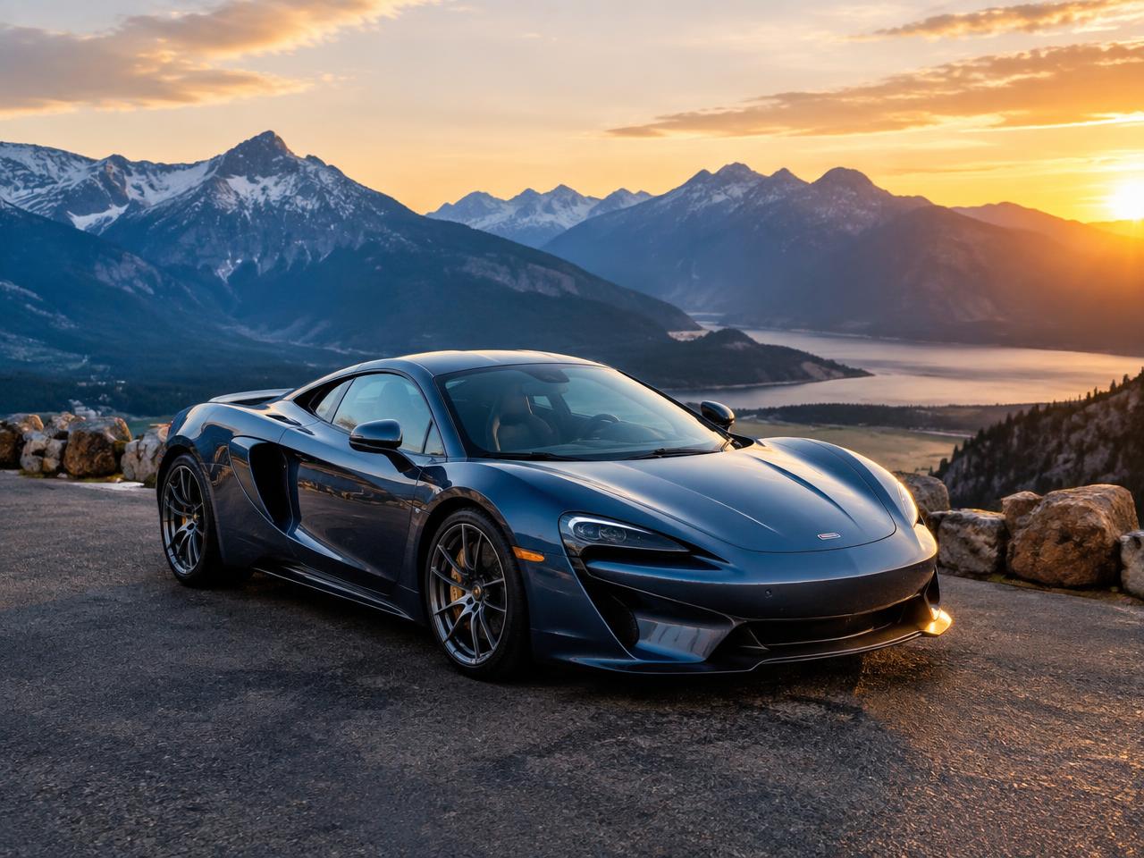 Beautifully detailed blue supercar parked at a scenic mountain overlook